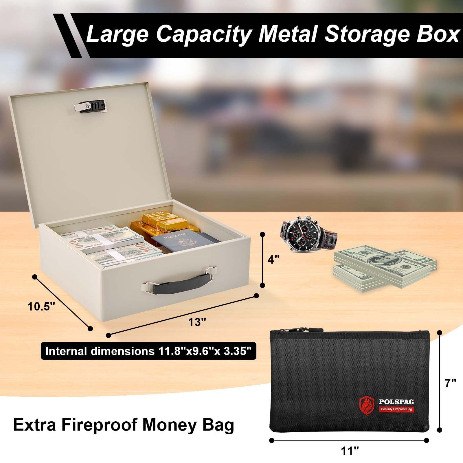Fireproof Document Box with Key Lock & Large, White-Combination