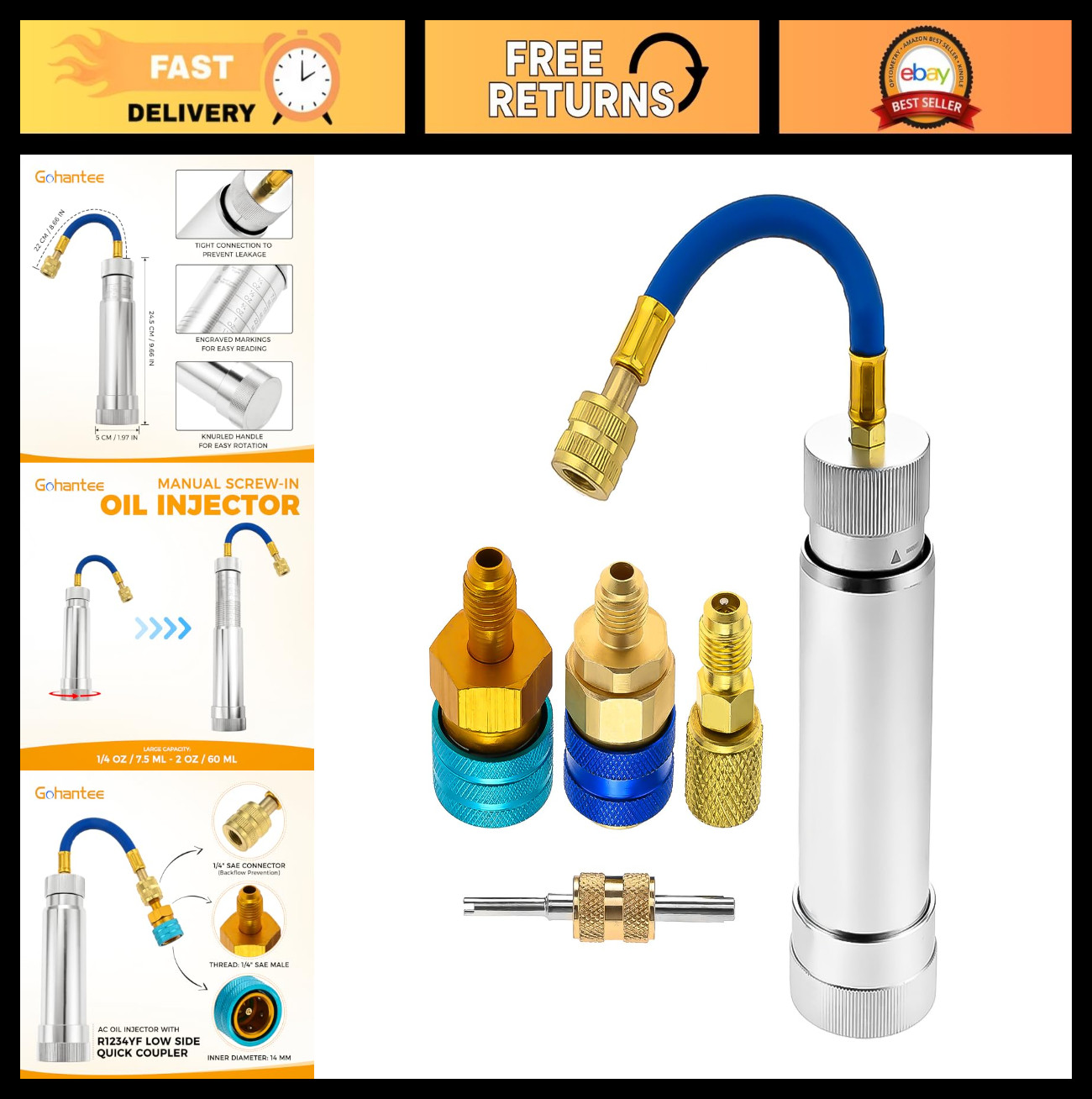 AC Oil Injector Kit for R1234YF R134A R410A - HVAC Dye Oil Injector with Coupler