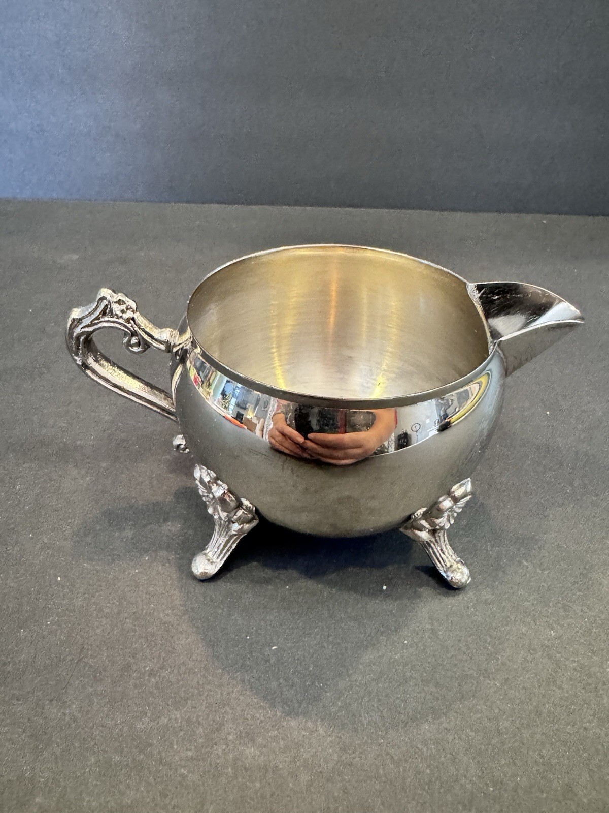Vintage Silver Plate Creamer ornate on Rococo Floral Handle ~ 3” diameter ￼