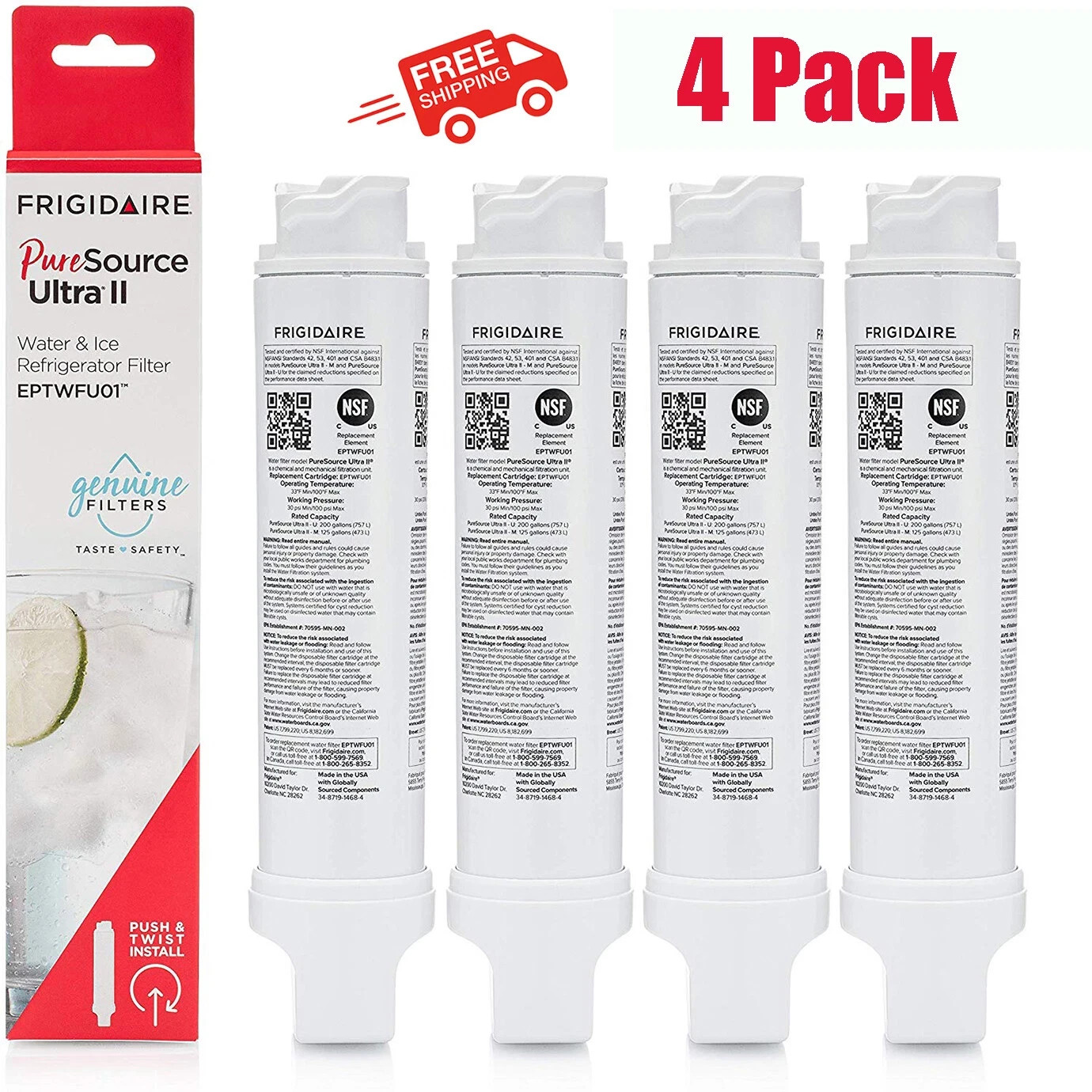 4 PACK NEW Frigidaire EPTWFU01 Pure Source Ultra II Refrigerator Water Filter