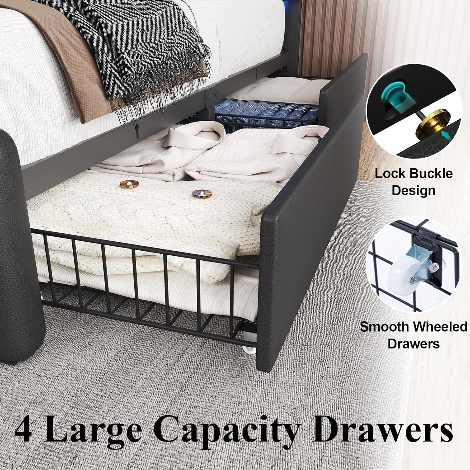 Queen Size Bed Frame with 4 Storage Drawers and LED Light, Upholstered Platform