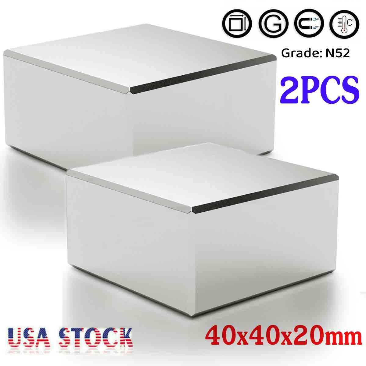 2pcs Super Strong Large N52 Grade Neodymium Large Block Rare Earth 40x40x20mm US