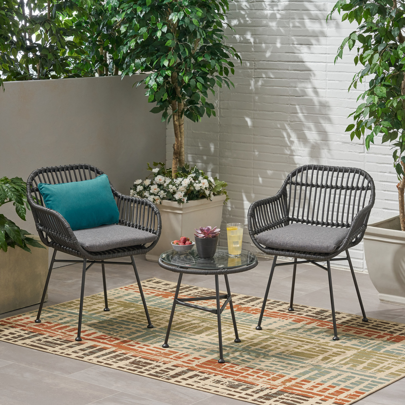 Lesley Outdoor Faux Wicker 2 Seater Chat Set with Tempered Glass Table