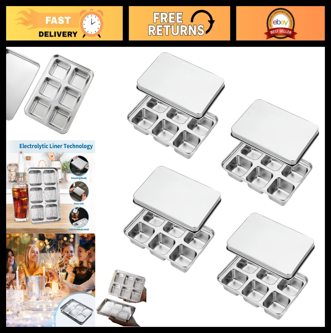 Reusable Stainless Steel Ice Cube Tray with Lid, Easy Release, 4 Pack - BPA Free