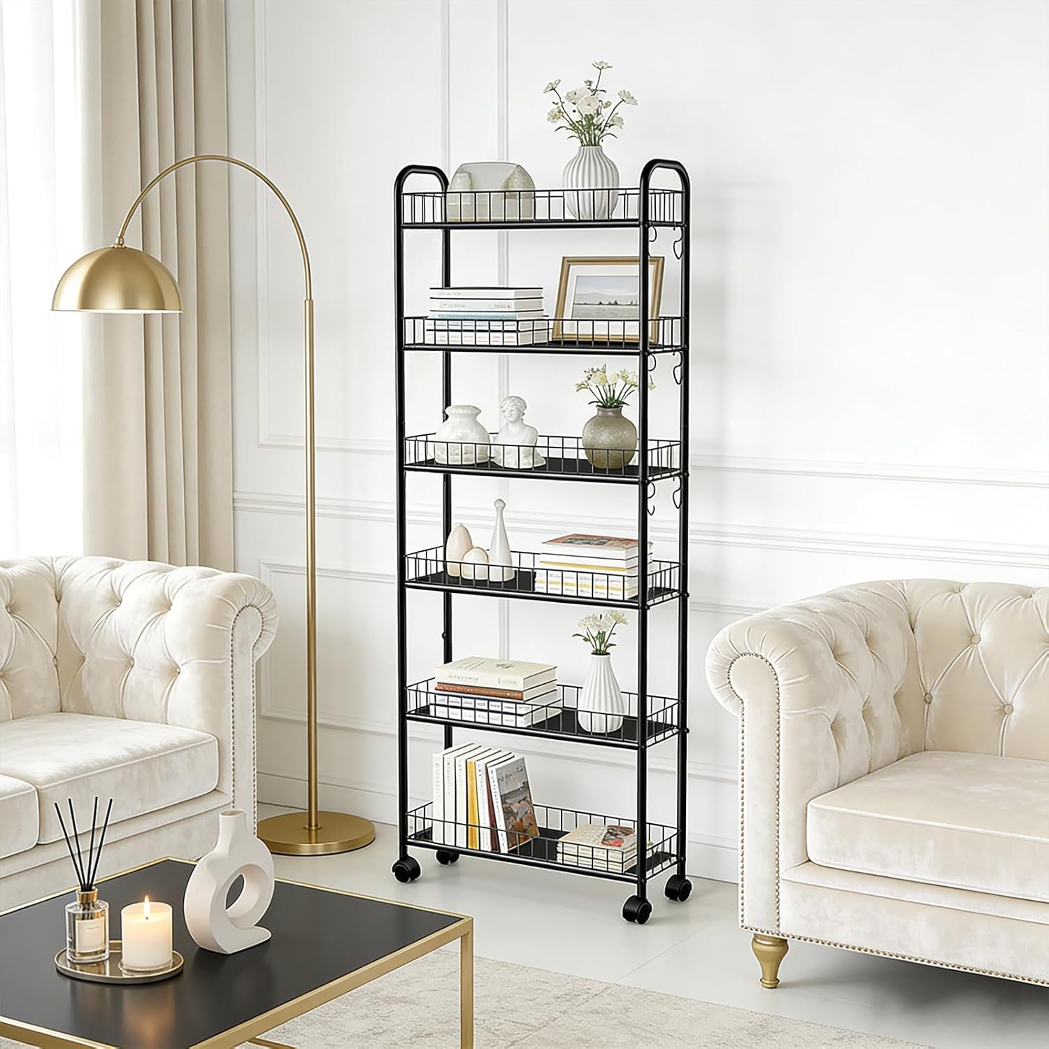 Slim Storage Cart with Wheels, 6-Tier 6In Black Narrow Rolling Shelf,Sturdy Slim