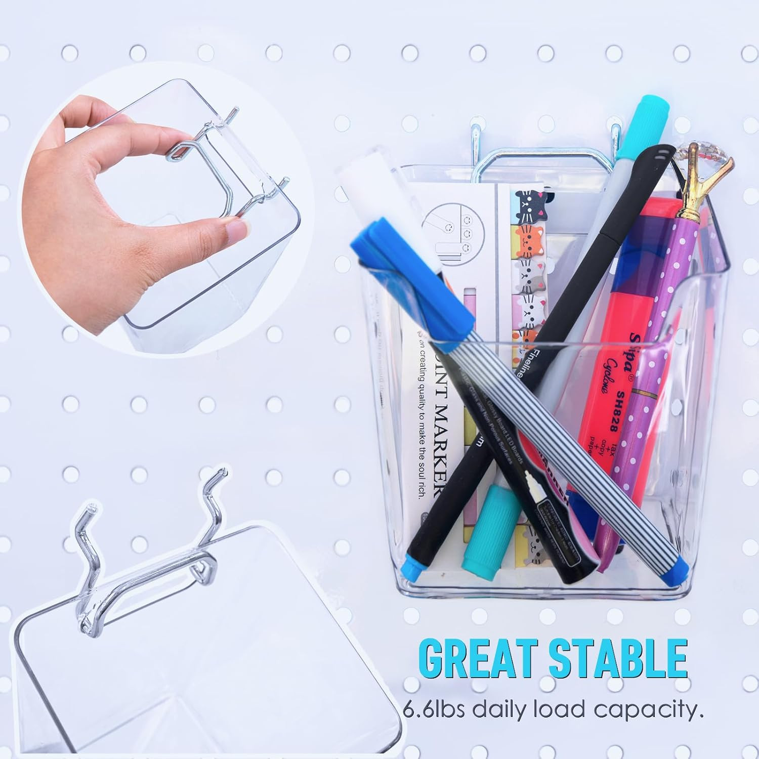 Large Pegboard Cups Peg Board Storage Bin 6 Pack with Hooks, Square Box Shape...