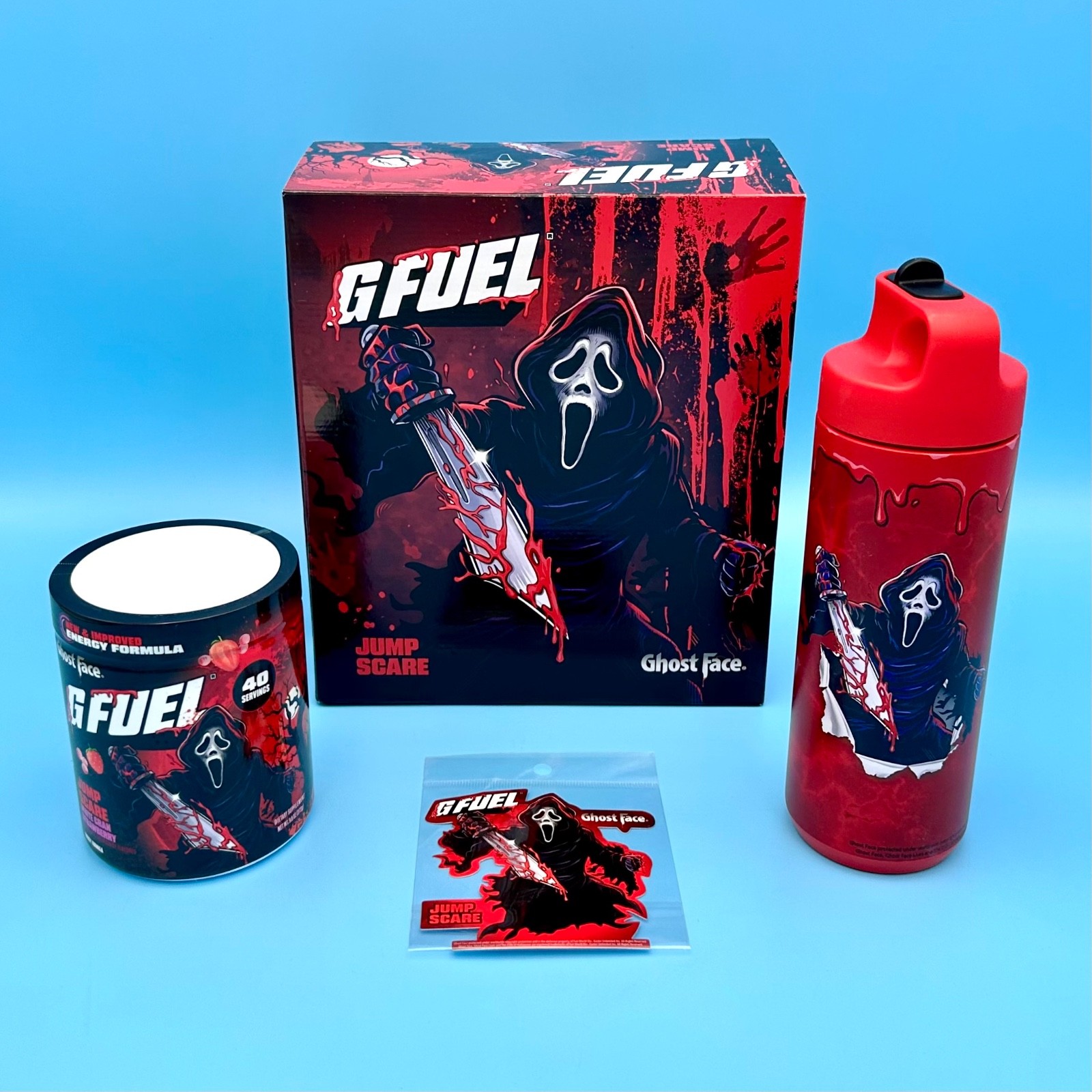 G Fuel Scream Ghost Face Jump Scare Collector's Box Tub Metal Shaker Cup Sticker