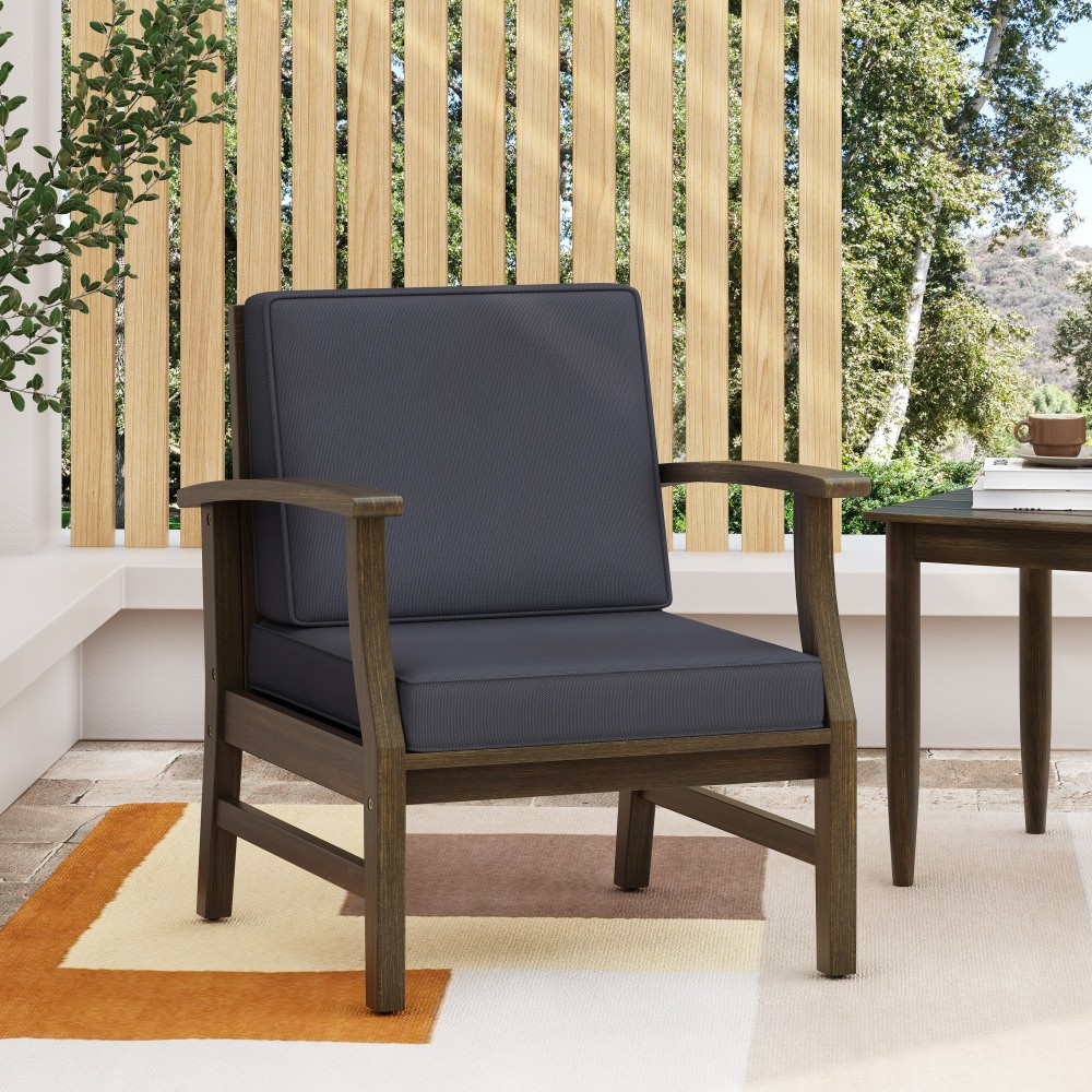 Outdoor Club Chair w/ Acacia Wood Frame in Dark Grey - Patio Lounge Seat