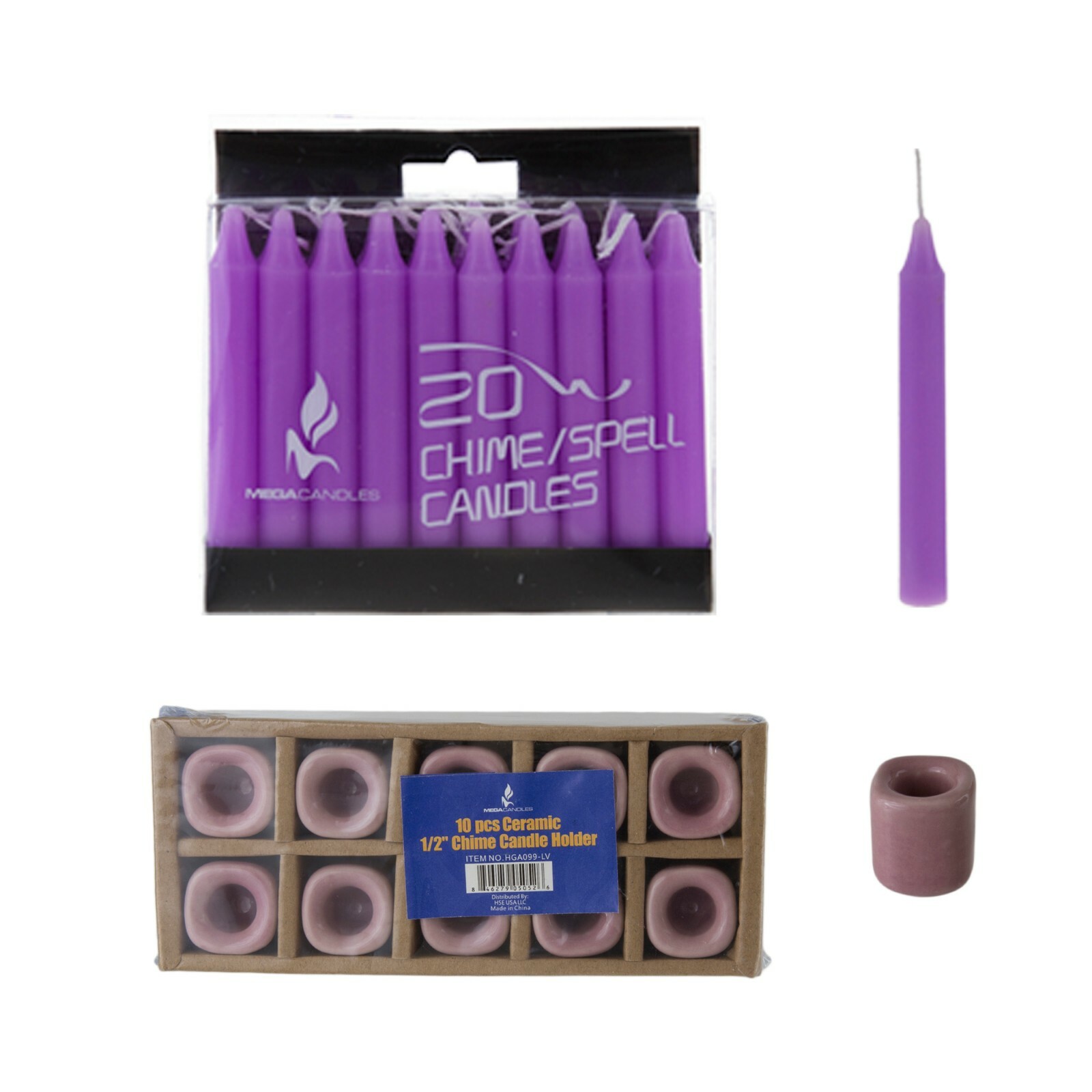 Mega Candles - Ceramic 1/2" Chime / Spell Candle Holder with Candles-LavenderSet