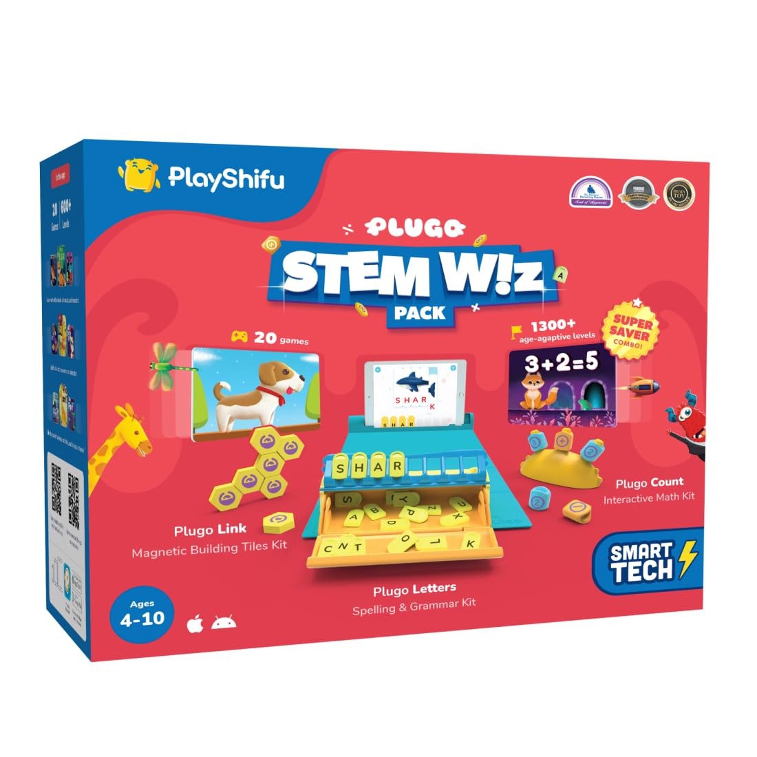 Plugo STEM Pack by PlayShifu 3-in-1 Math Words Magnetic Blocks for Kids