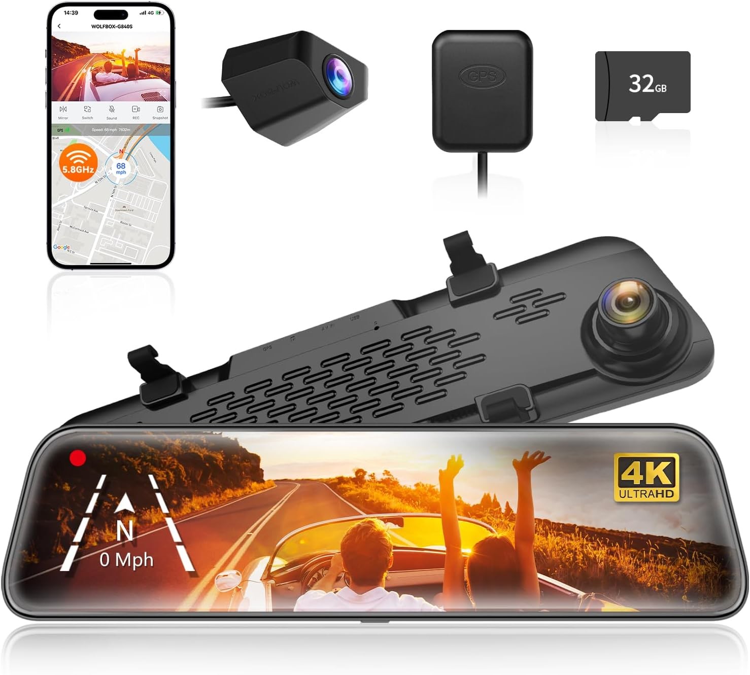 G840PRO V02 Mirror Dash Cam IMX678 5.8GHz WiFi GPS,W/4A Acc Hardwire Kit