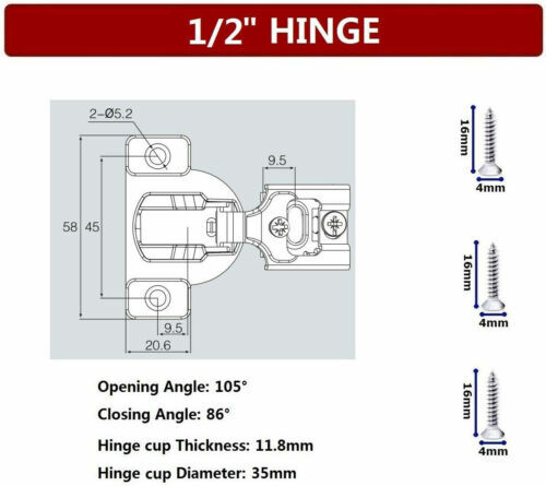 5 Pack 1/2" Overlay Soft Close Face Frame 105° Compact Cabinet Hinge Handware US
