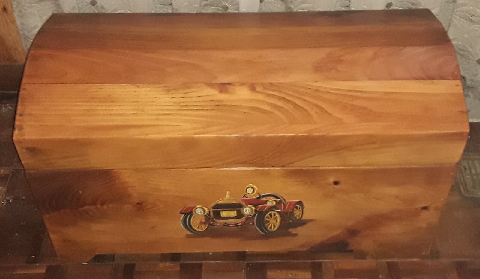 Vintage Clear Creek Amish Pine Wood Toy Chest Hand Painted Automobile Picture