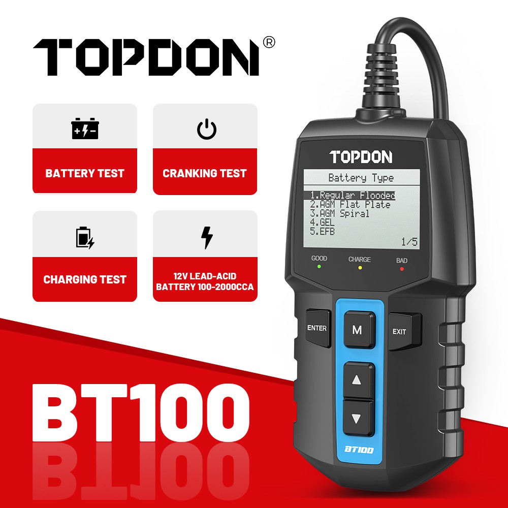 TOPDON BT100 12V Car Battery Tester Auto Load Alternator Analyzer 100-2000 CCA