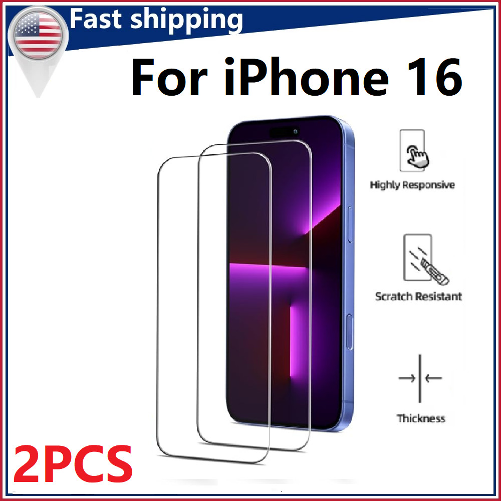 2 Pack For Apple iPhone 16 9H Tempered Glass Screen Protector Anti-Scratch Cover