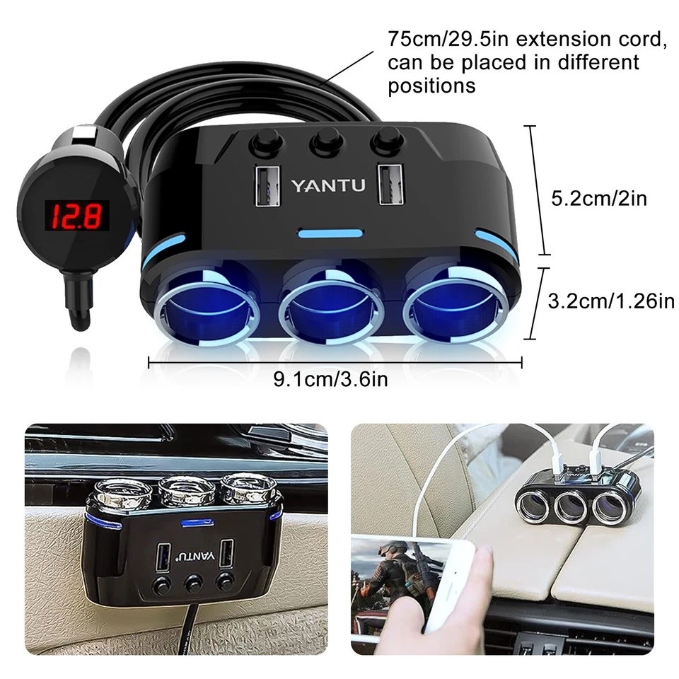 5-in-1 3Way Car Cigarette Lighter Socket Splitter Fast Charger Power Adapter 12V