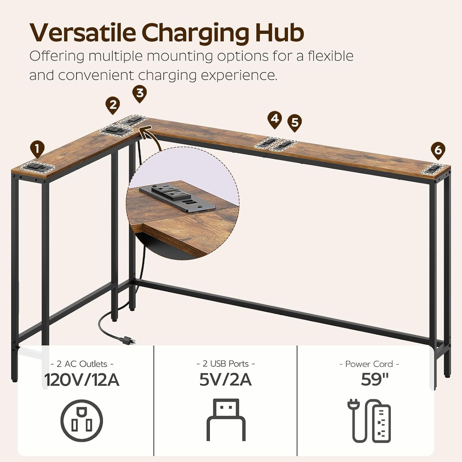 Rustic Brown 78.7" Extra Long Console Table - Built-in Charging Station