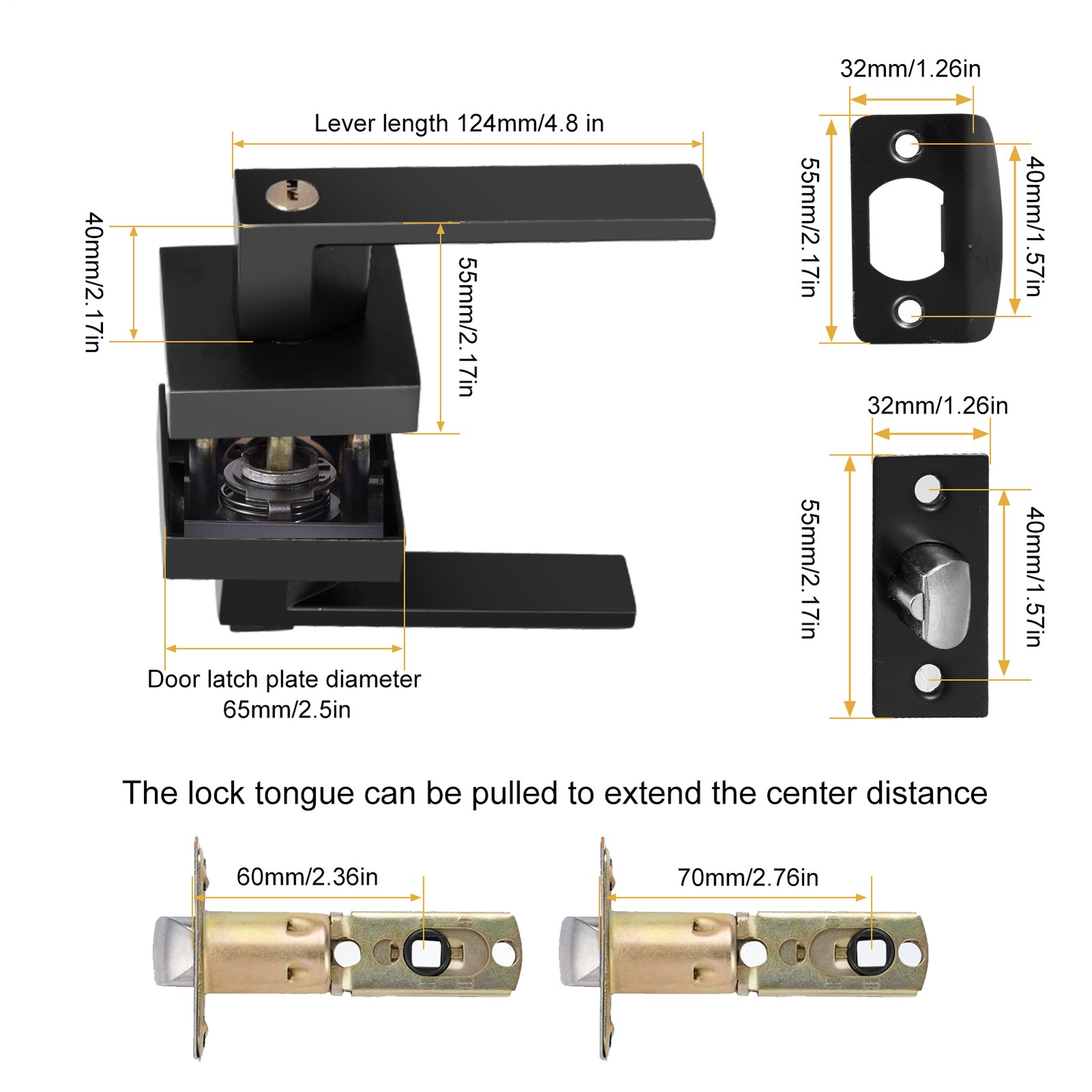 15pcs Black Door Lever Heavy Duty Passage Handle Interior Square Knobs W/ Keys
