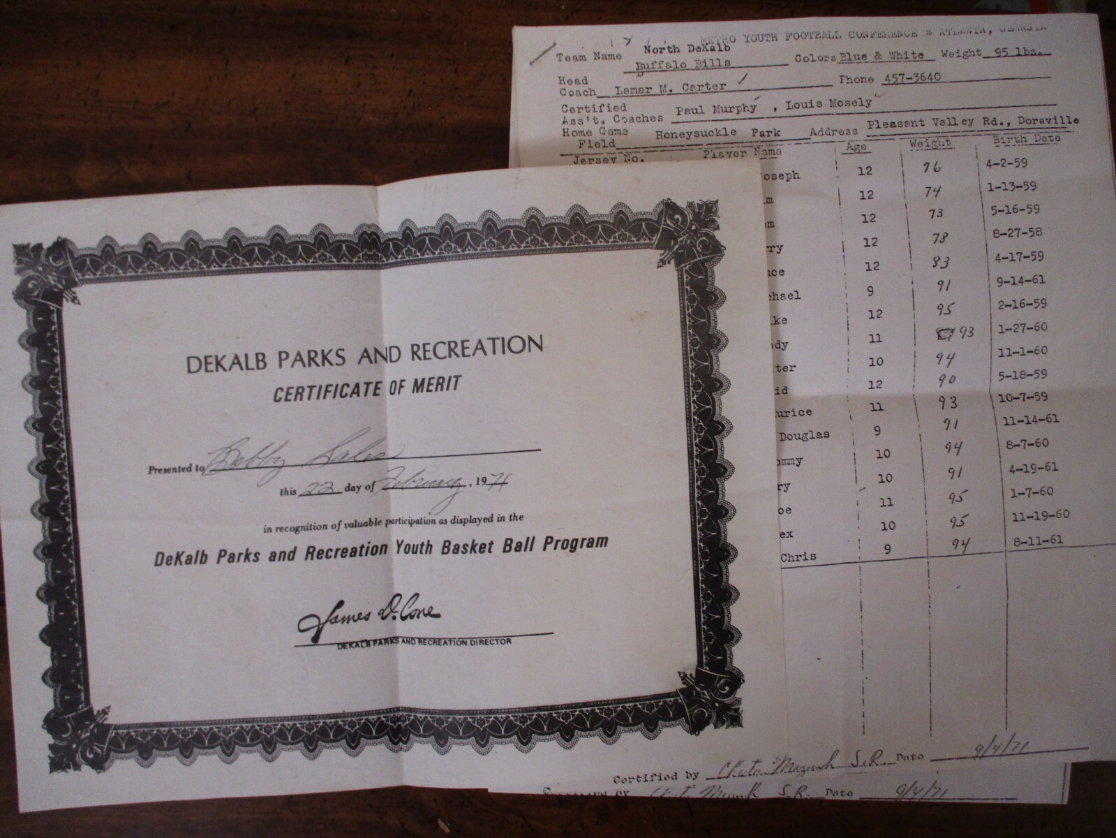 (BOBBY SALES)1971 North DeKalb(Doraville, Ga)Youth Certificate & Football Roster