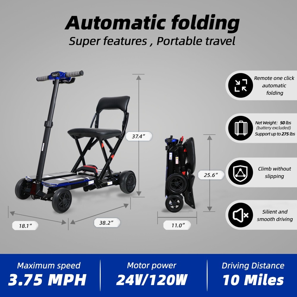 4-Wheel Remote Folding Mobility Scooter NFC USB Suspenion Super lightweight Blue