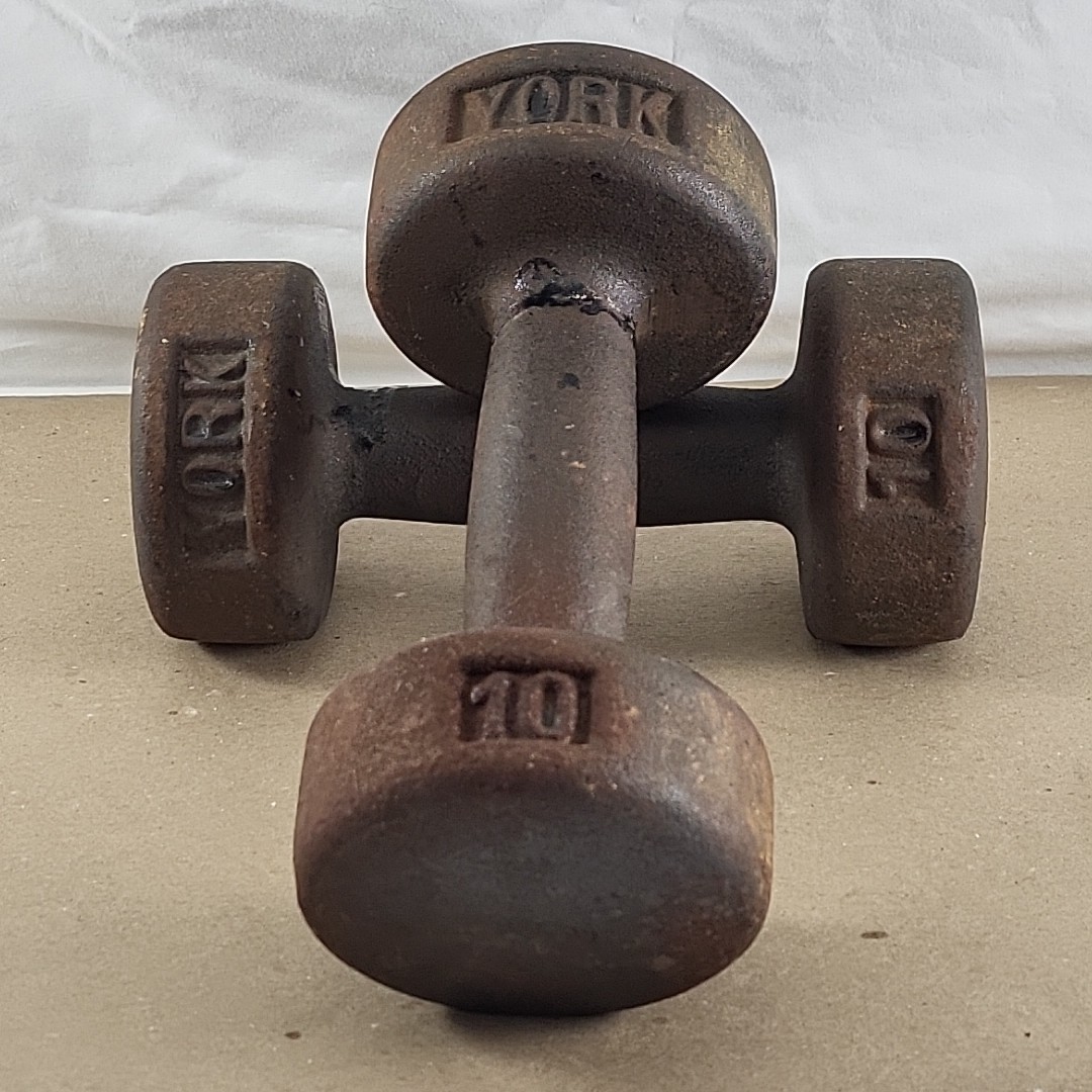 Vintage Pair YORK 10 Lb Roundhead Dumbbells Pre-USA Cast Iron Weights