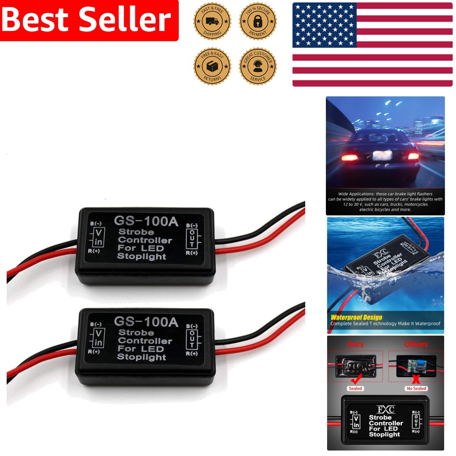 2x 12-30V Strobe Flasher Module 24W LED Brake Tail Light Waterproof Universal