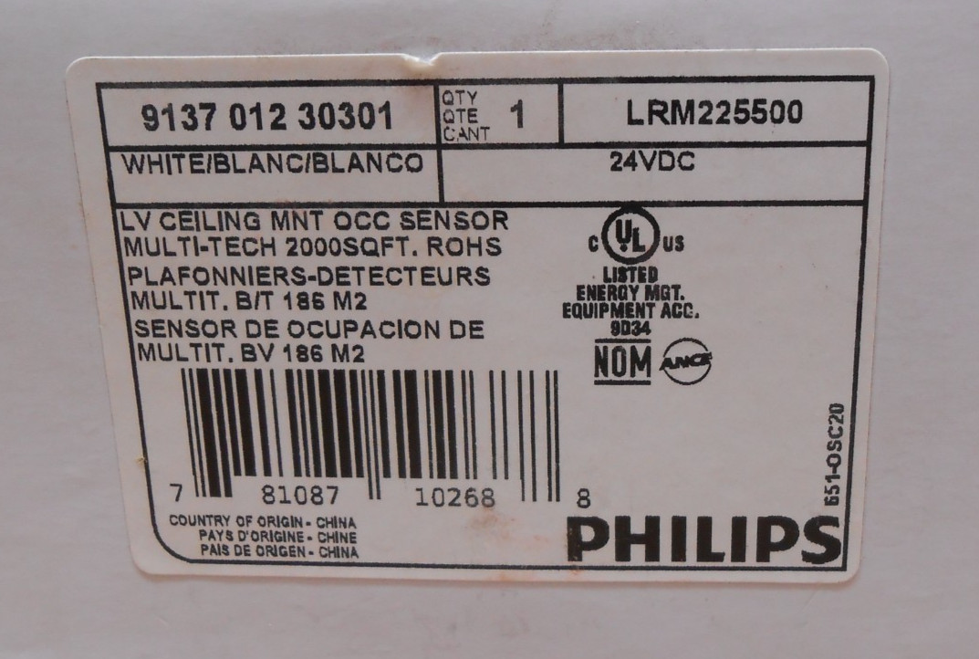 NEW PHILIPS LRM225500 LOW VOLTAGE OCCUPANCY SENSOR CEILING 2000 SQ FT 24VDC