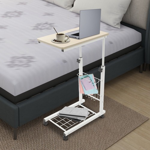 Height Adjustable Side Table With Wheels 2 Tier C Shaped Mobile Standalone Table
