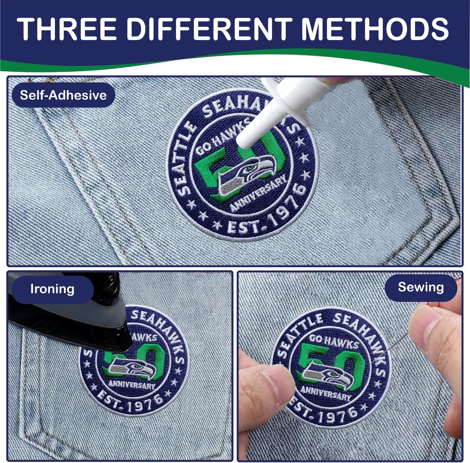Seahawks 50th Anniversary Logo Iron On Patch - Sew Patch - Embroidered Patch