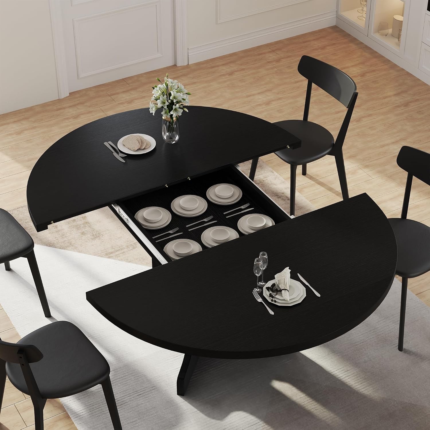 59" Extendable Round Dining Table for 4-6, Modern Kitchen Table with Heavy Duty