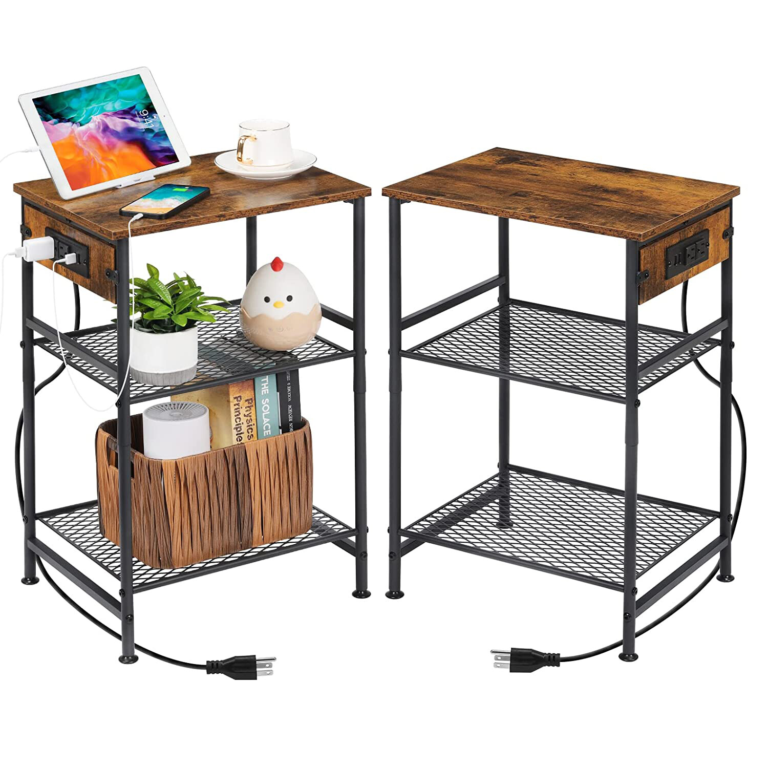Set of 2 Nightstand with Charging Station, Mesh Shelves for Living Room, Bedroom