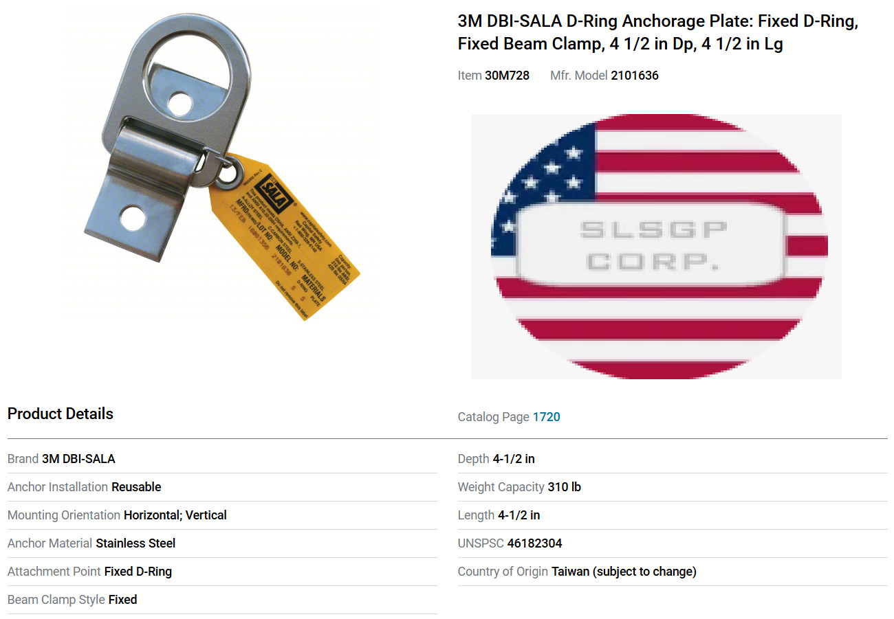 3M™ D-RING ANCHORAGE PLATE ASSY 2101636 DBI-SALA 2101636  Stainless Steel 30M728