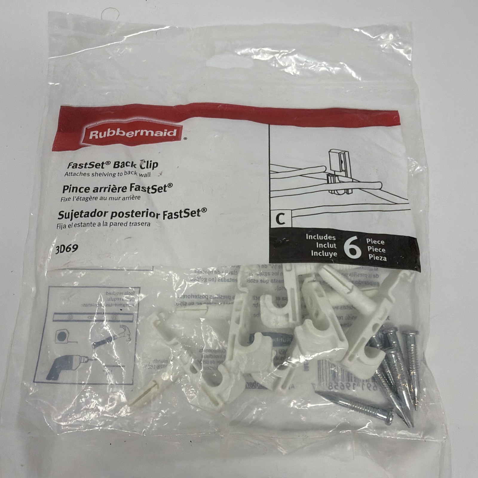 Rubbermaid  Fast Set Back Clip With Drive Pin, 6 Clips  #3D69-LW-WHT  NEW
