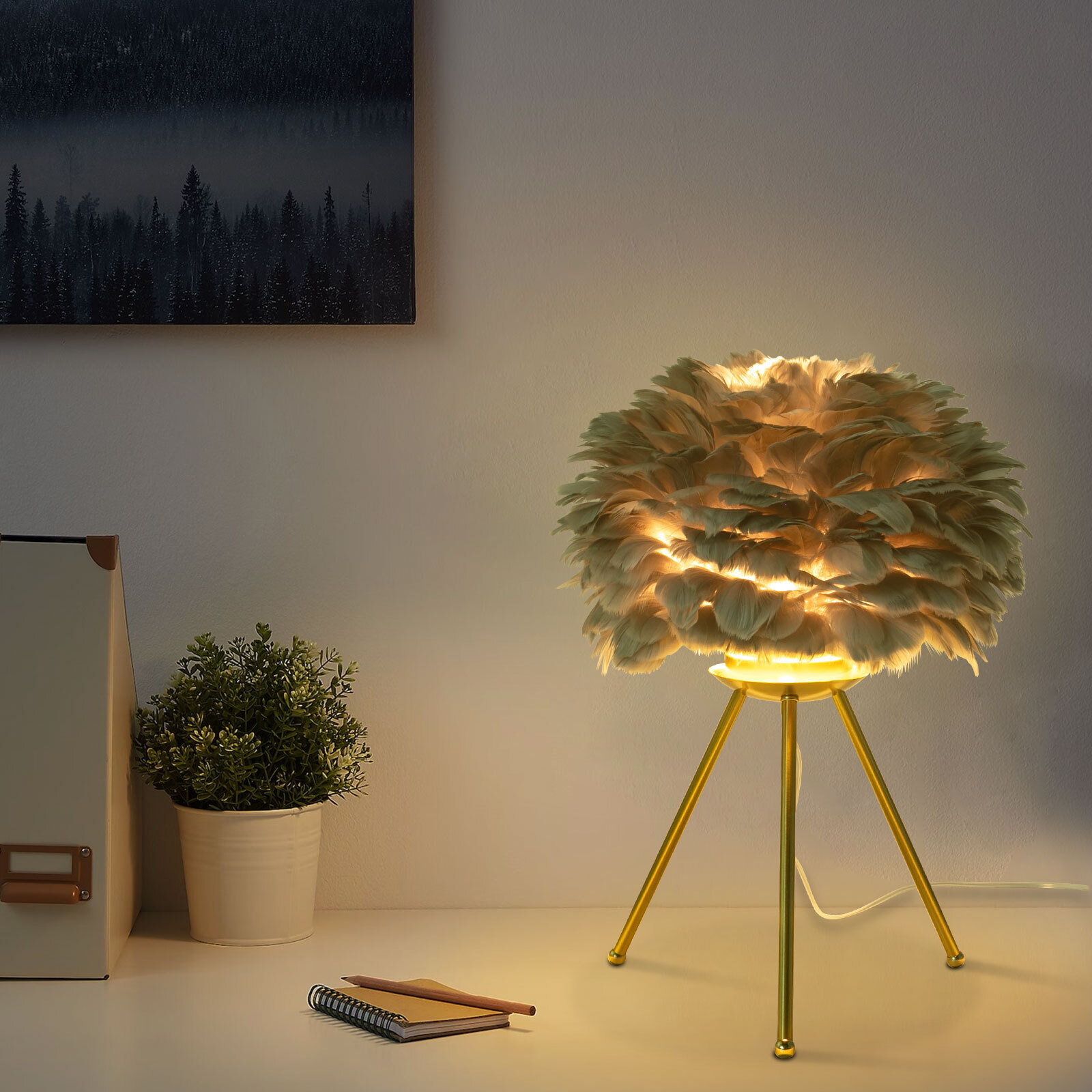 Gray Feather Table Lamp Tripod Lamp, Feather Lamp, Table Light Hand Control