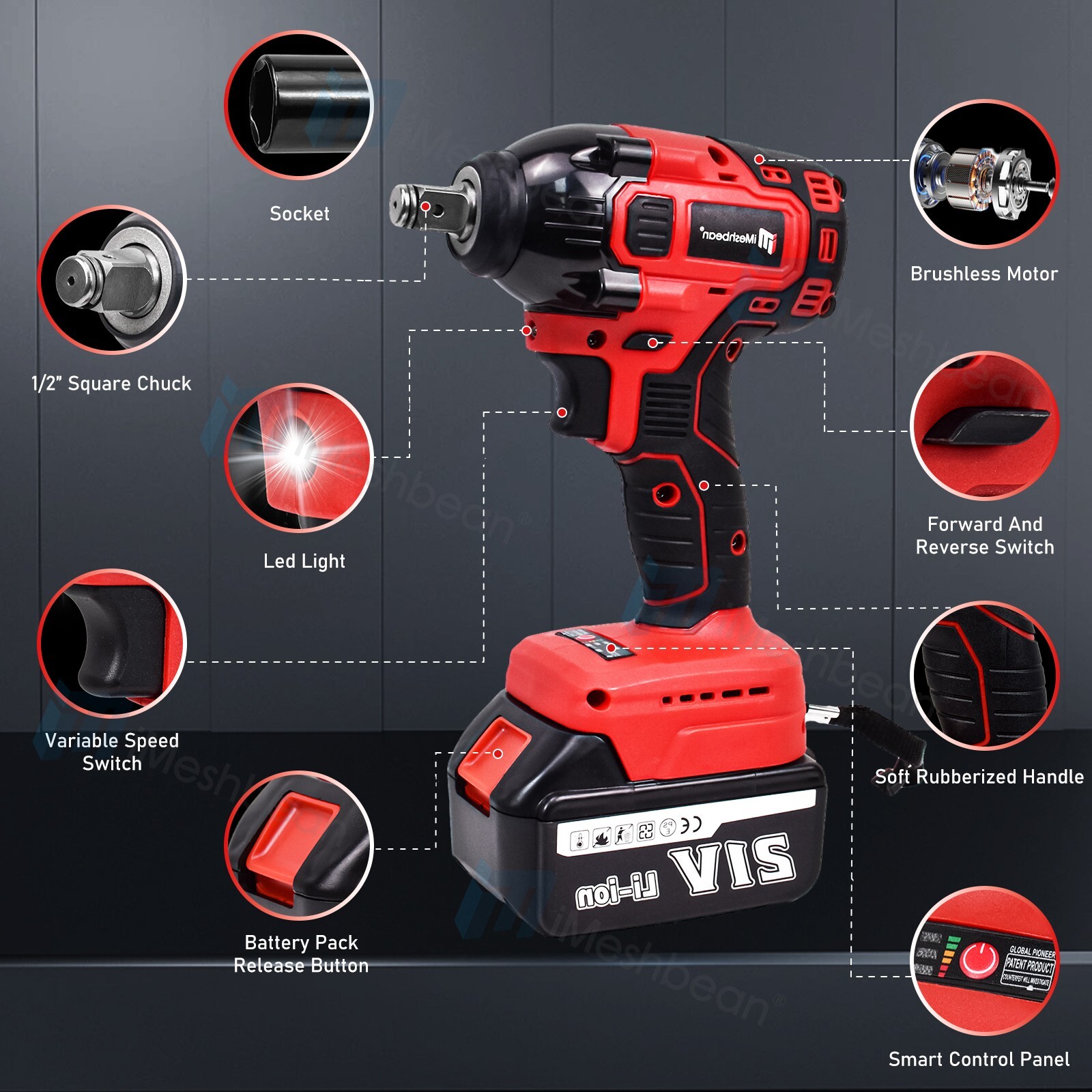 21V Cordless Electric Impact Wrench Gun 1/2'' Power Drill Driver 4.0Ah Battery