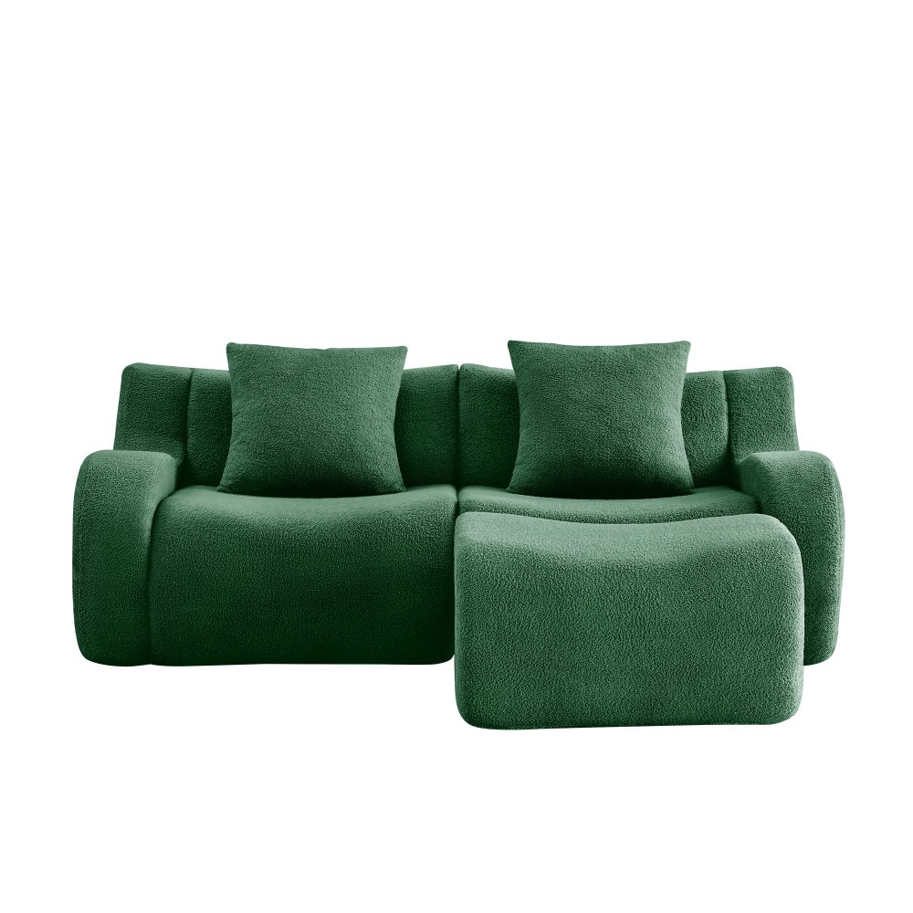 L-Shaped Teddy Fabric 2-Seat Sofa w/ Curved Armrest, Green