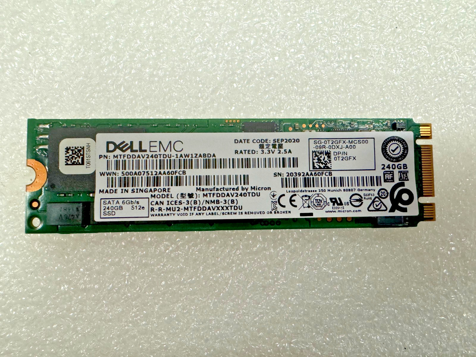 Dell EMC SSD 0T2GFX T2GFX 240GB M.2 SATA 6Gbps Solid State Drive MTFDDAV240TDU