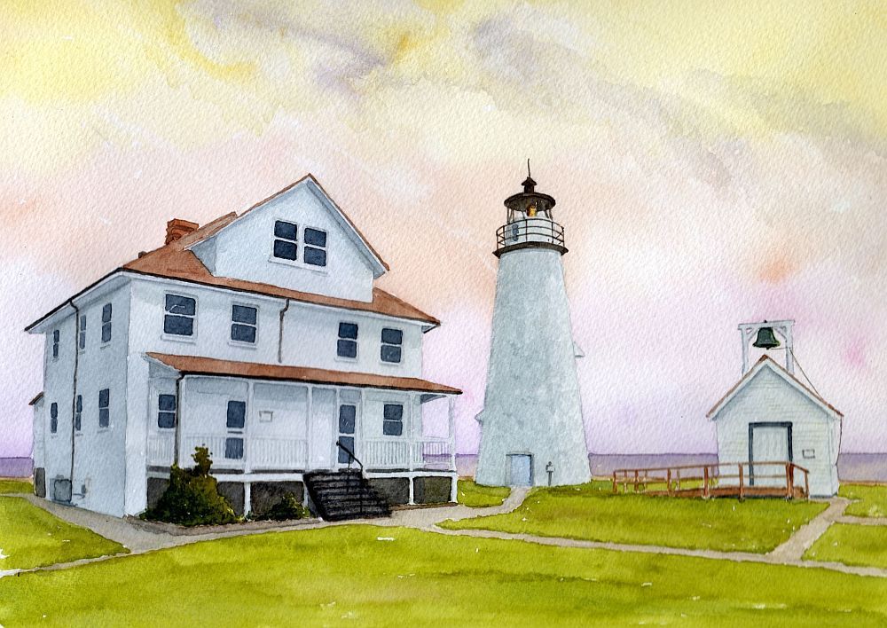 Cove Point Lighthouse Chesapeake Bay Maryland Watercolor Art Notecards