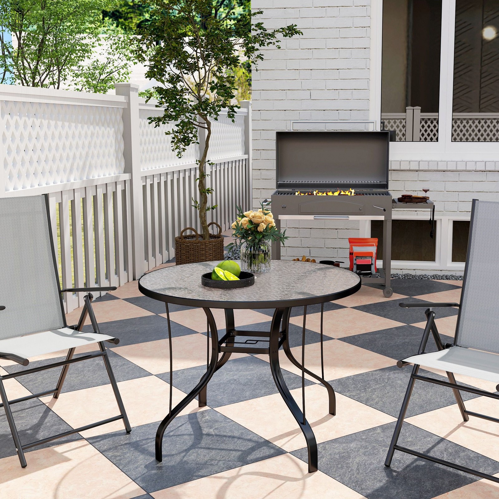 Black 38" Round Dining Table: Tempered Glass, Rust-Proof Frame, 110lb Cap