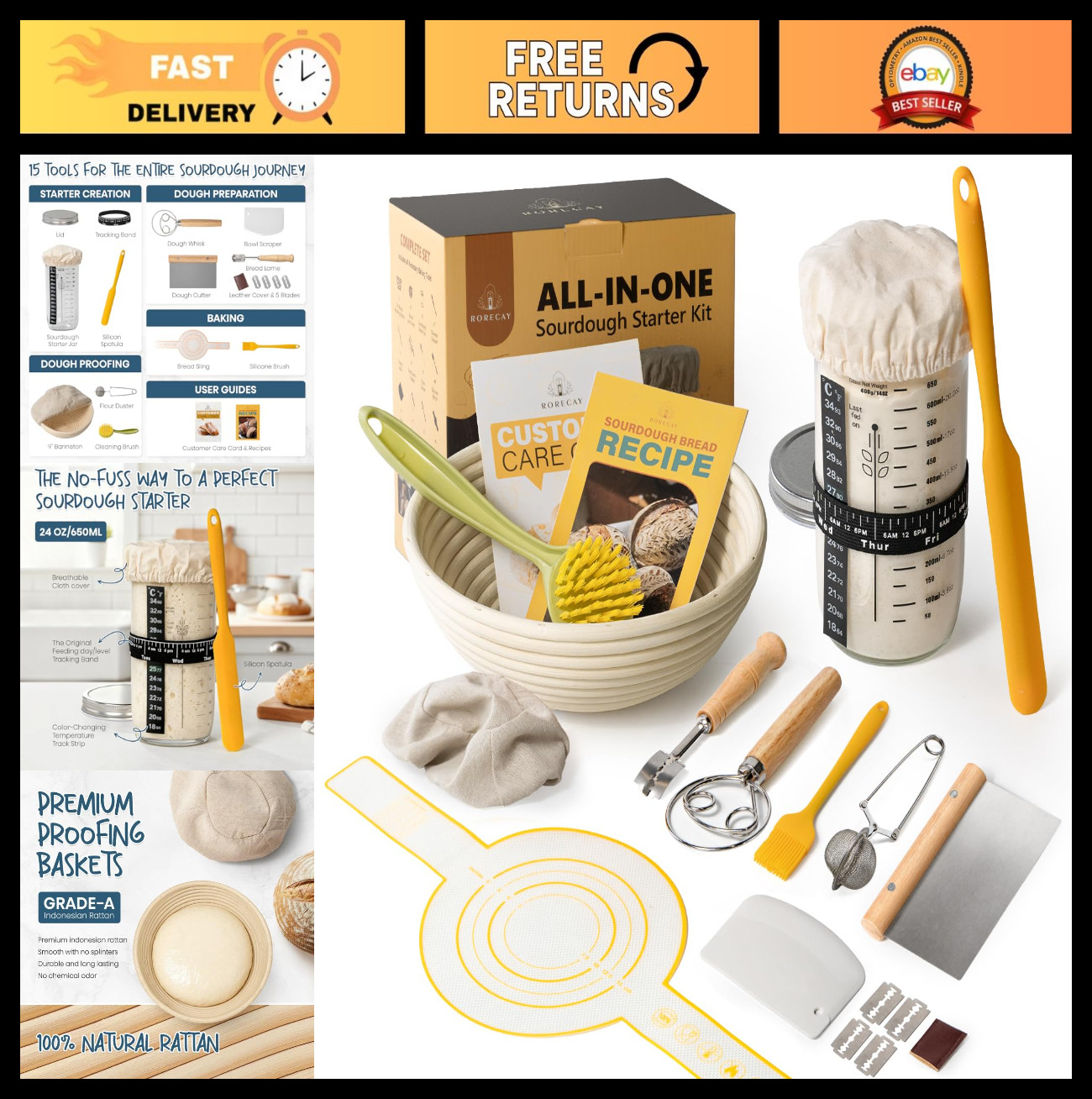 Sourdough Starter Kit with Proofing Basket & 24oz Jar - Baking Supplies Set
