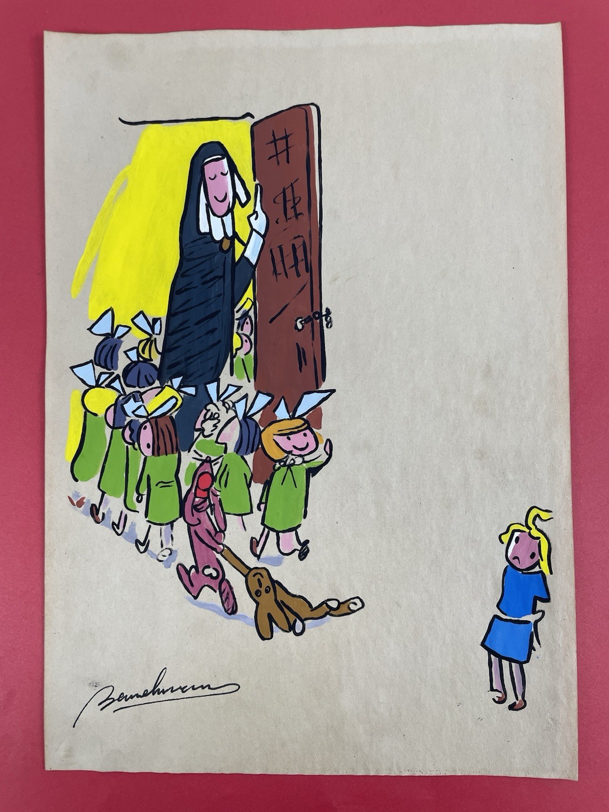 Ludwig Bamelmans drawing and painting on old paper signed stamped vintage