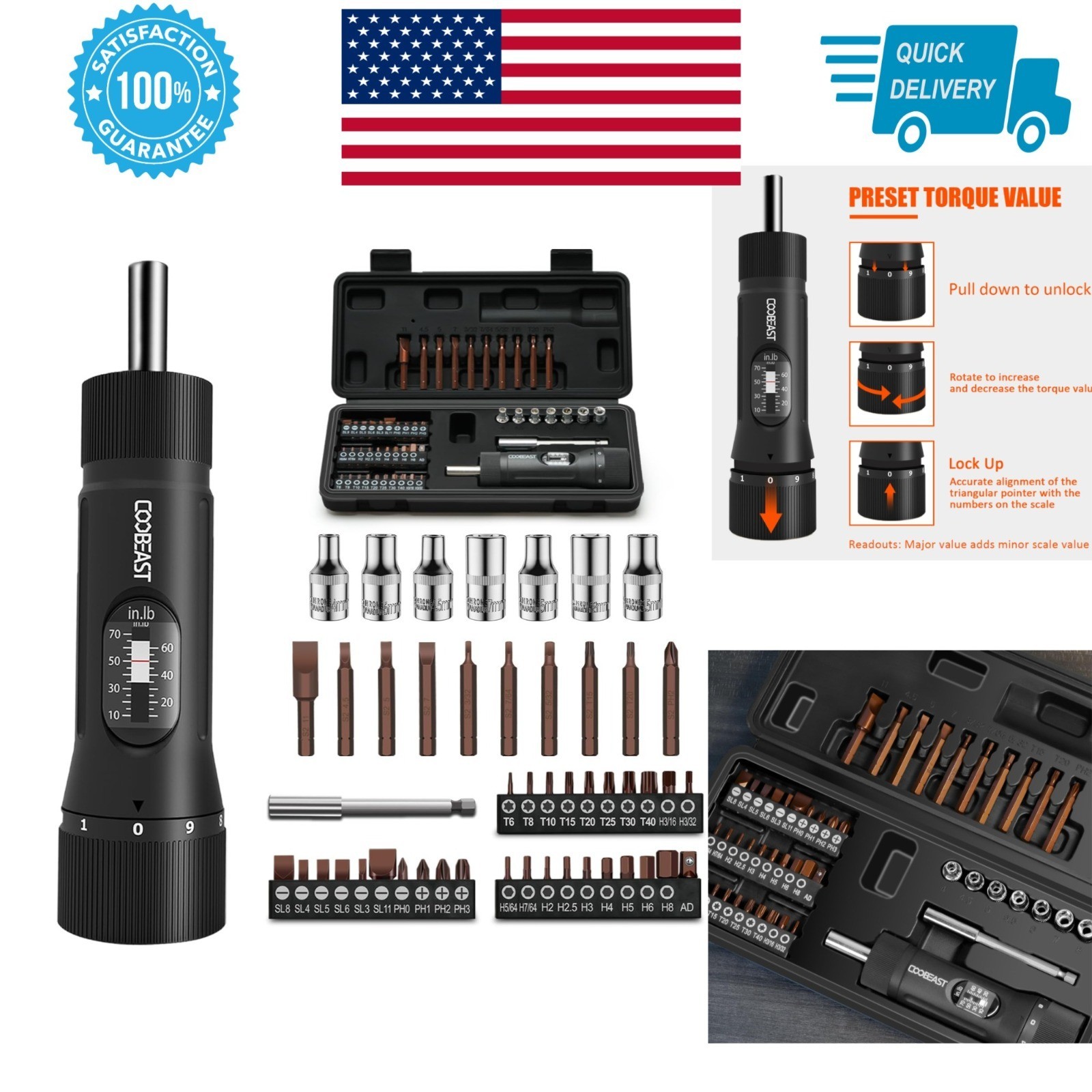 Coobeast 49 Pcs Torque Screwdriver Set 10-70 in-lb with S2 Bits