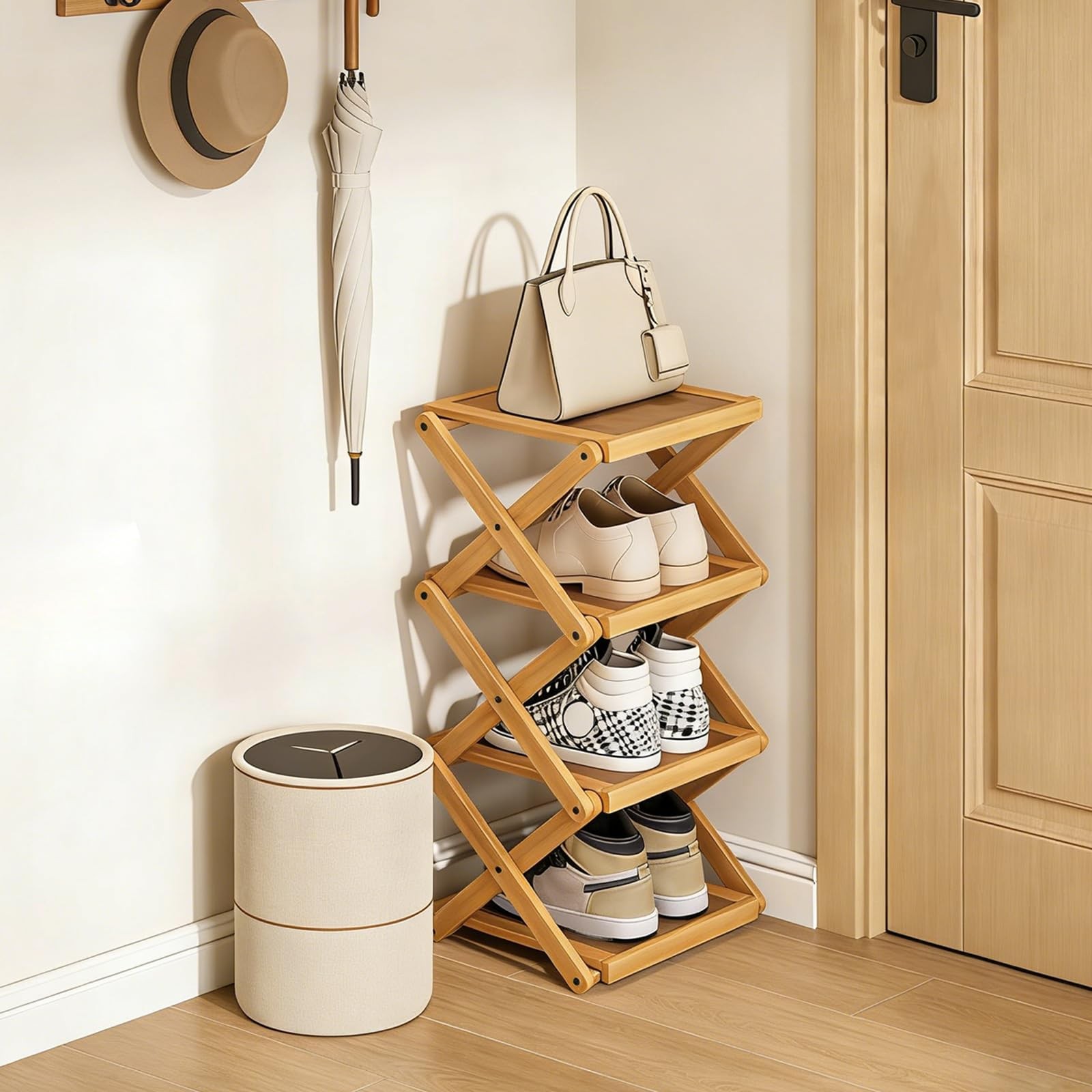 Shoe Rack, Foldable Bamboo Shoes Shelf, Freestanding Shoe Storage Organiser f...
