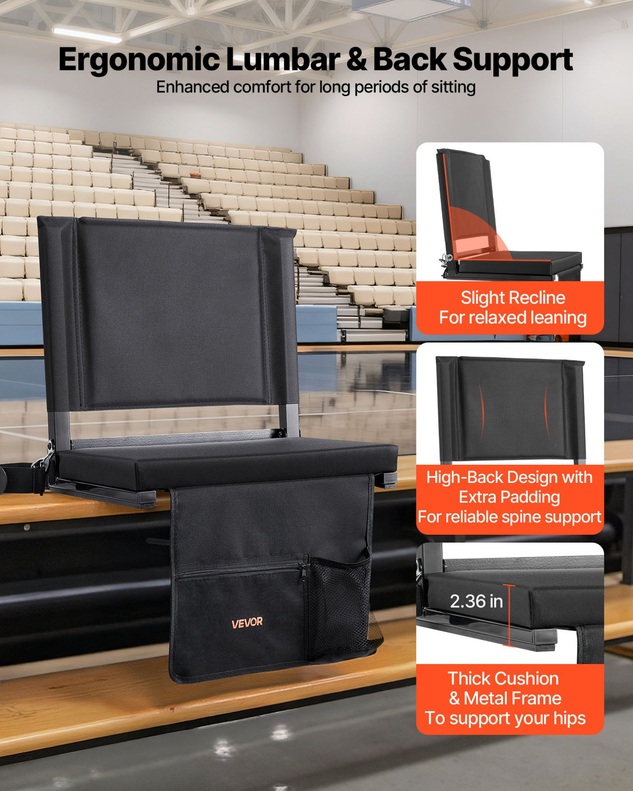 VEVOR Stadium Seat w/ Back Support, Folding Bleacher Chair, Cup Holder