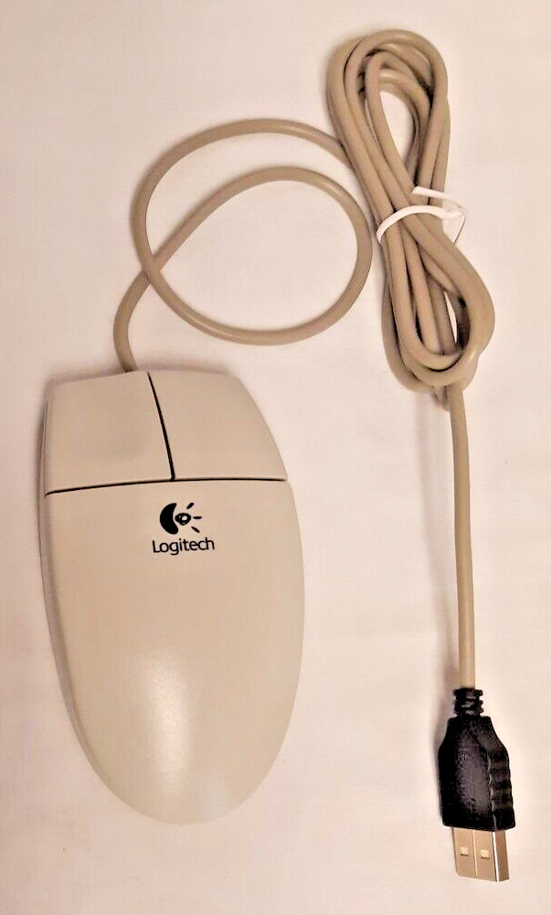 VINTAGE BEIGE USB BALL MOUSE /2 BUTTON, LOGITECH M-U34, NEW OLD STOCK