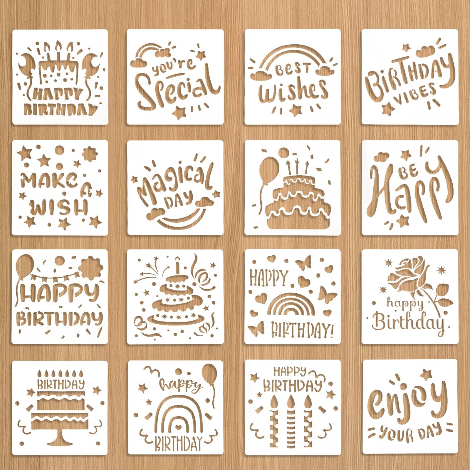 16 PCS Happy Birthday Cake Stencil - 5.9 x 5.9 inches Cookie Templates Reusab...