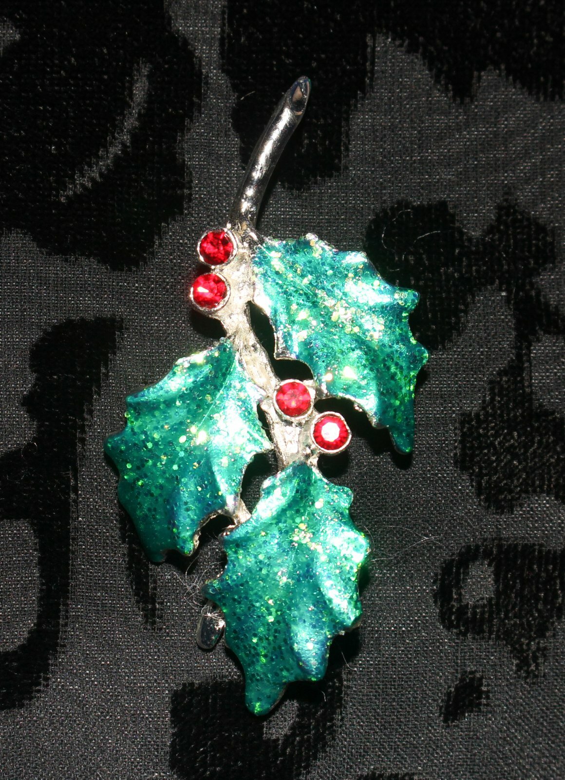 Vtg Mi Holly Leaves Brooch Pin Silver Tone Green Glitter Red Rhinestones 2 ½”