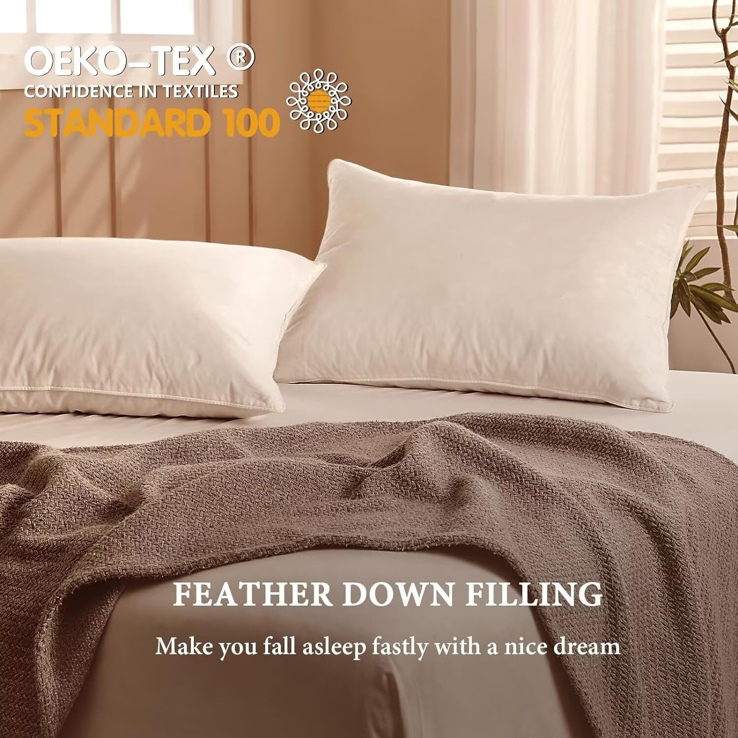 Queen Bed Pillow, Goose Down Feathers, Soft Support, Cotton Fabric, White