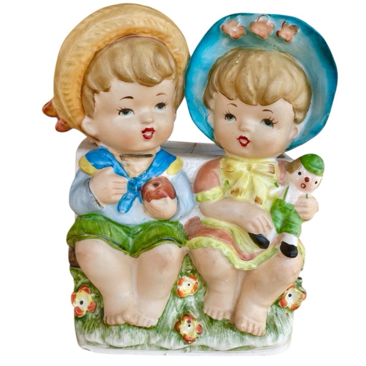 Vintage 1950’s Japanese, Hand Painted Boy & Girl Indoor Ceramic Planter
