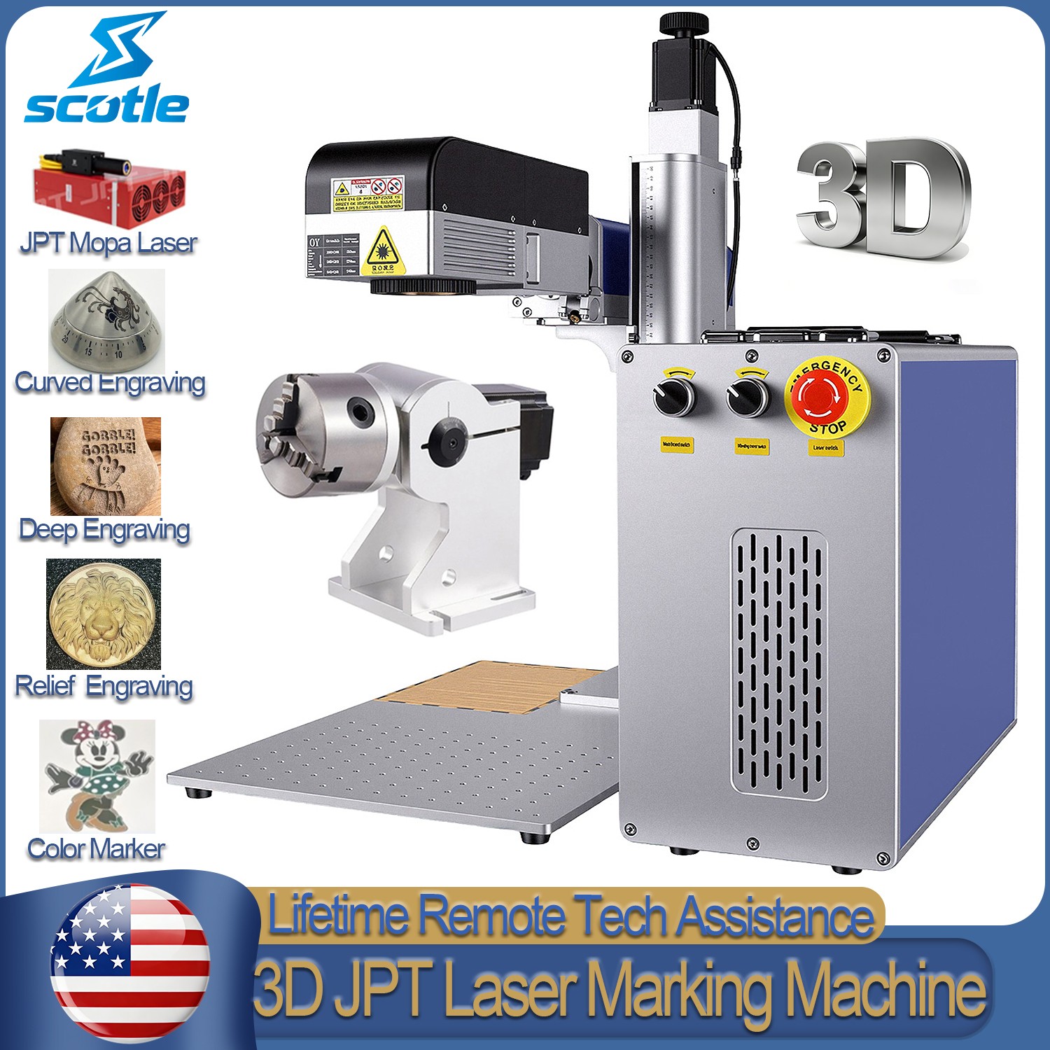 US JPT MOPA 3D Fiber Laser Marking Machine Curved Relief Deep Engraving Marker